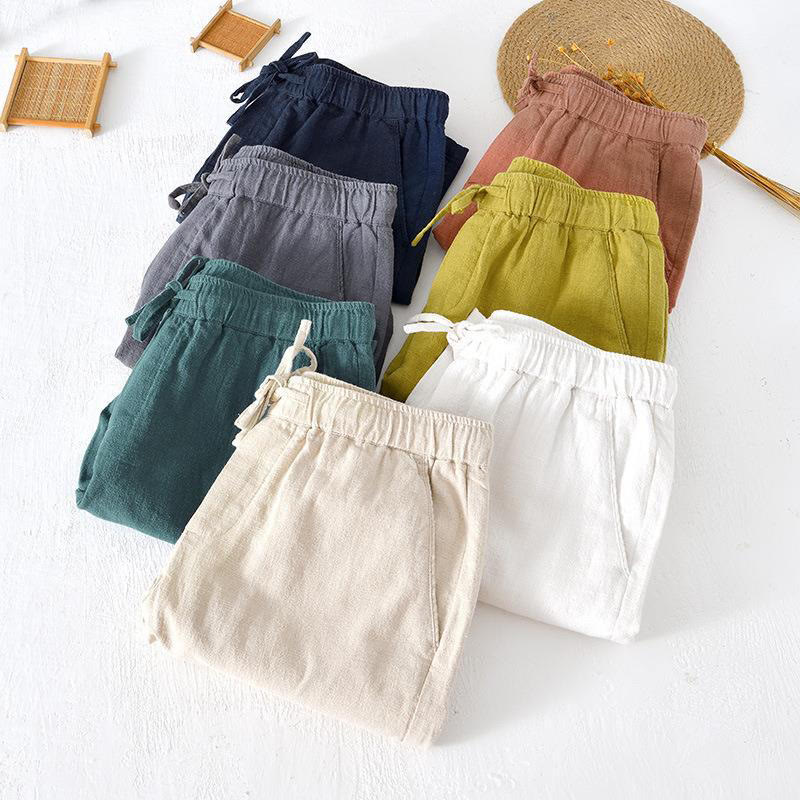 Buddha Stones夏用 無地 ドローストリング 伸縮性ウエスト メンズ コットンリネン ショートパンツ ポケット付き - image 39