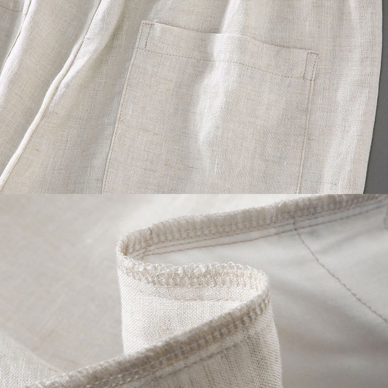 Buddha Stones夏用 無地 ドローストリングボタンデザイン メンズ リネン ショートパンツ ポケット付き - image 7