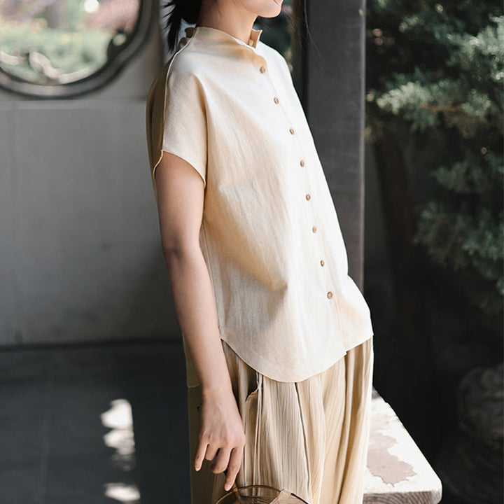 Buddha Stonesヴィンテージボタンデザインスタンドカラーコットン半袖レディースシャツ - image 13
