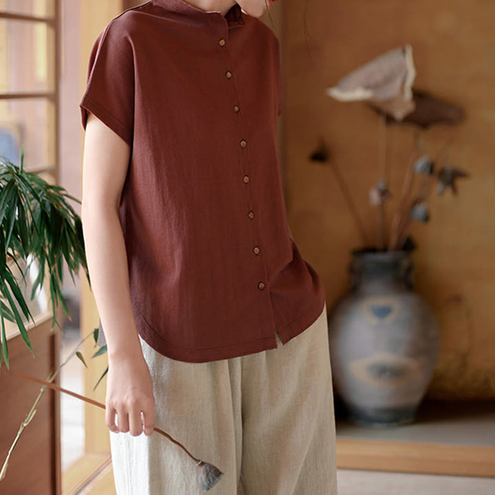 Buddha Stonesヴィンテージボタンデザインスタンドカラーコットン半袖レディースシャツ - image 7