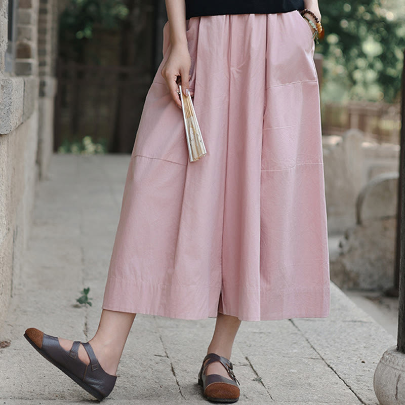 Buddha Stonesカジュアル 無地 コットン ハイウエスト レディース ワイドレッグ カプリ クロップドパンツ ポケット付き - image 8