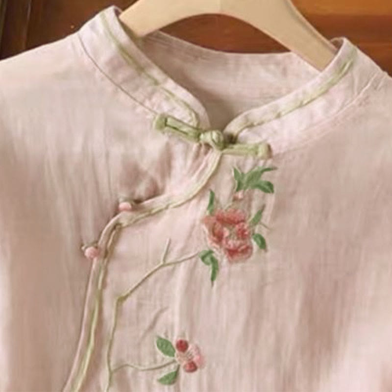 Buddha Stonesカジュアルヴィンテージ刺繍花柄中国風フロッグボタンクルーネックデザインレディースコットンリネンシャツ - image 8