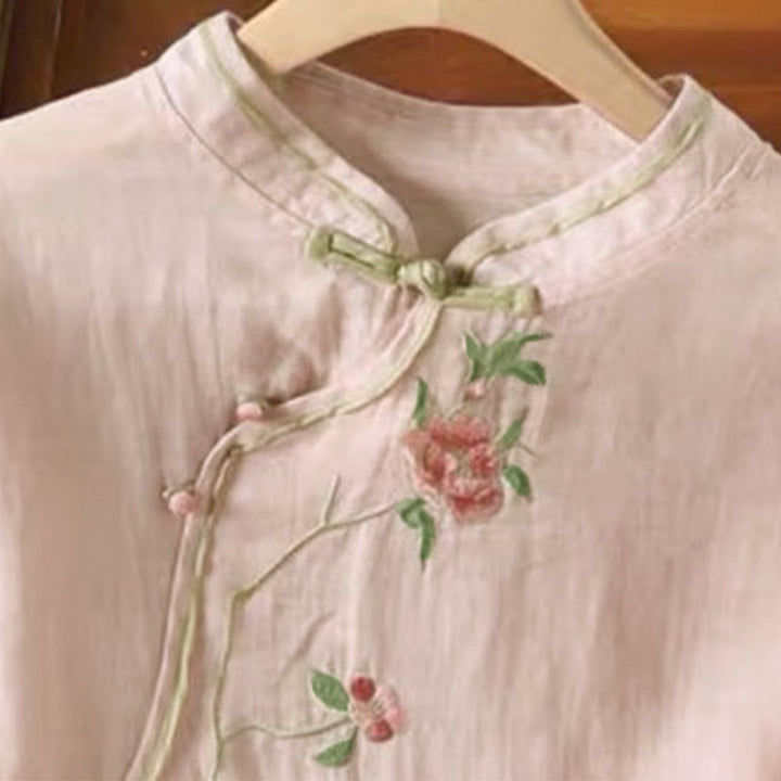 Buddha Stonesカジュアルヴィンテージ刺繍花柄中国風フロッグボタンクルーネックデザインレディースコットンリネンシャツ - image 8