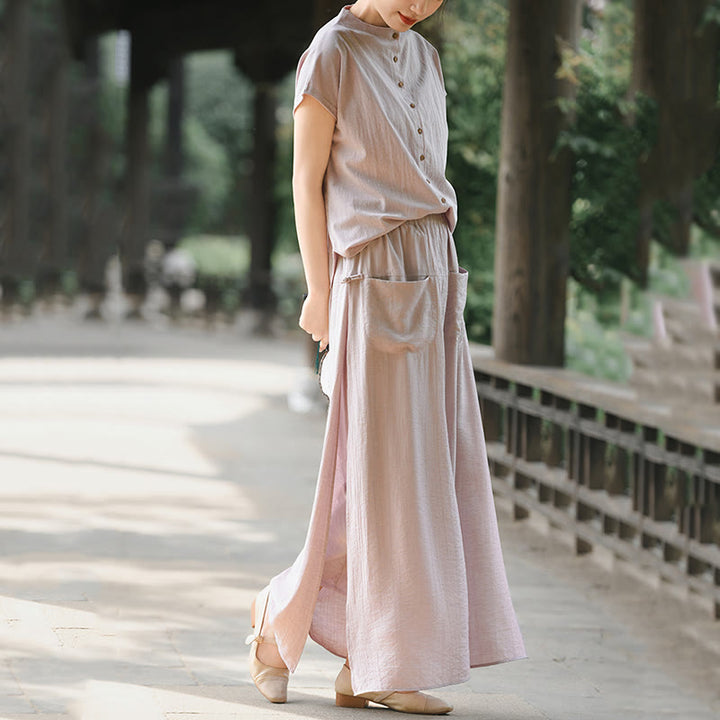 Buddha Stones2点ボタン 半袖シャツ トップス スカート ポケット付き 瞑想用 コットン レディース セット - image 6