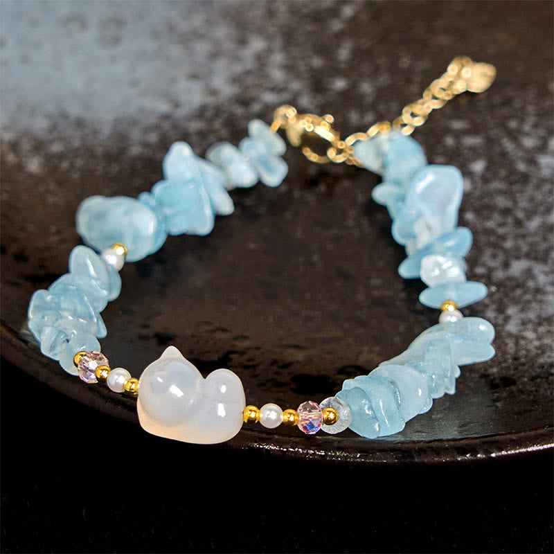 Buddha Stones天然不規則アクアマリンかわいい猫のヒーリングブレスレット - アクアマリン（手首周り：15cm） - image 1
