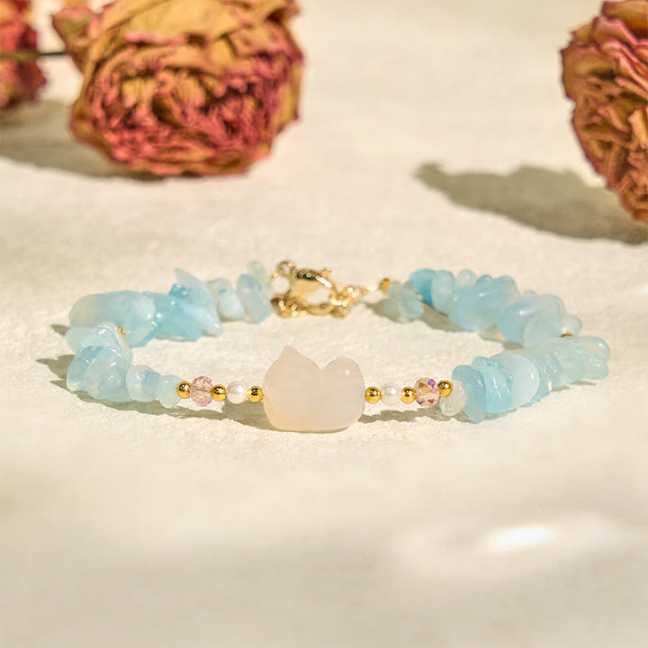 Buddha Stones天然不規則アクアマリンかわいい猫のヒーリングブレスレット - image 3