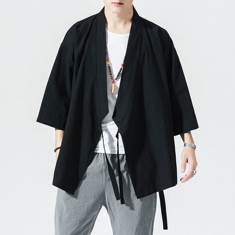 Buddha Stones唐装オープンフロントジャケットコットンリネンメンズ七分袖着物 - image 11