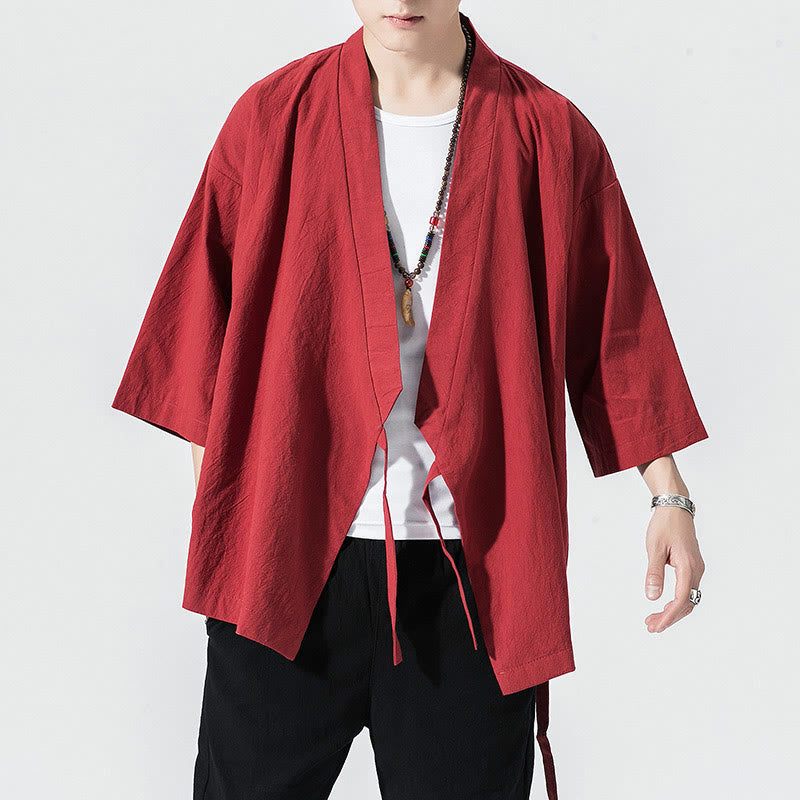 Buddha Stones唐装オープンフロントジャケットコットンリネンメンズ七分袖着物 - クリムゾン - US/UK/AU48、 EU58(5XL) - image 3