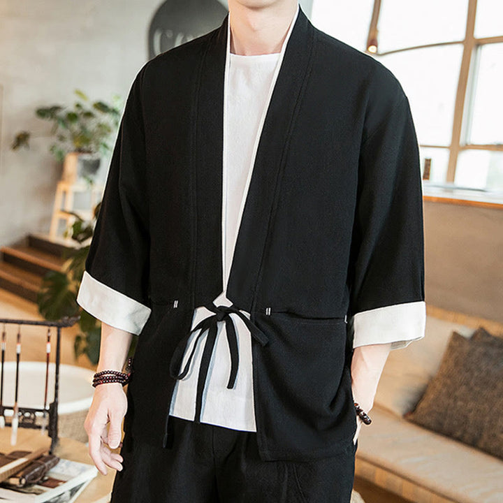 Buddha Stonesレースアップデザインジャケット コットンリネン メンズ 七分袖 着物 ポケット付き - 黒 - US/UK/AU46、 EU56 (5XL) - image 8