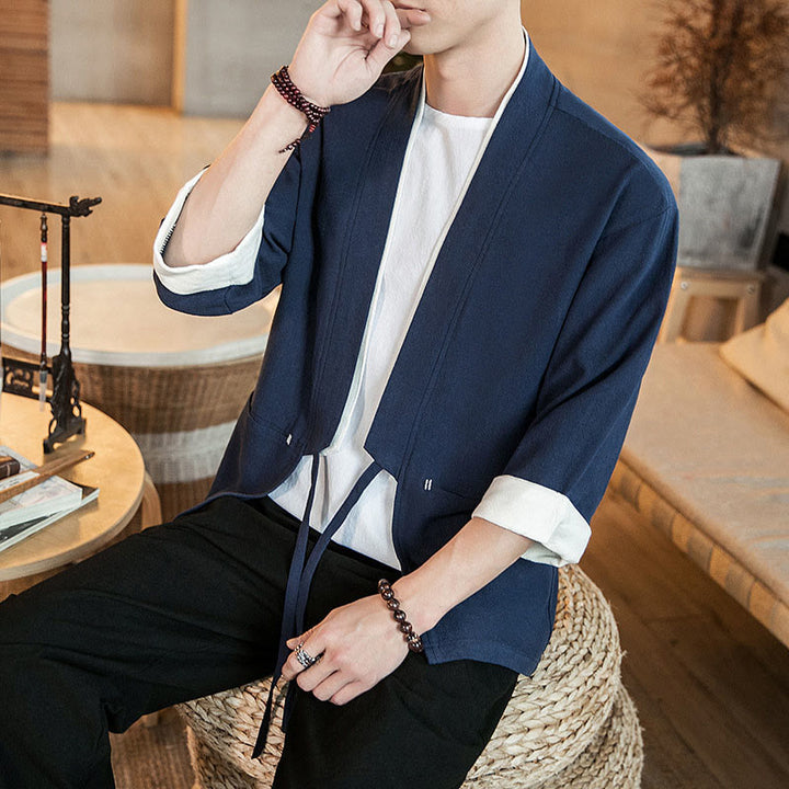 Buddha Stonesレースアップデザインジャケット コットンリネン メンズ 七分袖 着物 ポケット付き - image 5