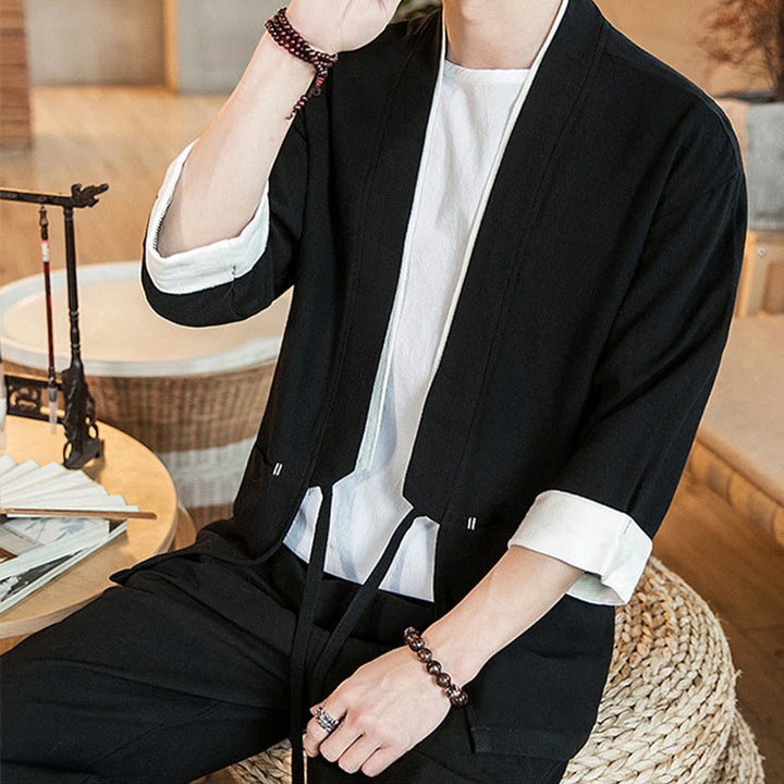 Buddha Stonesレースアップデザインジャケット コットンリネン メンズ 七分袖 着物 ポケット付き - image 12