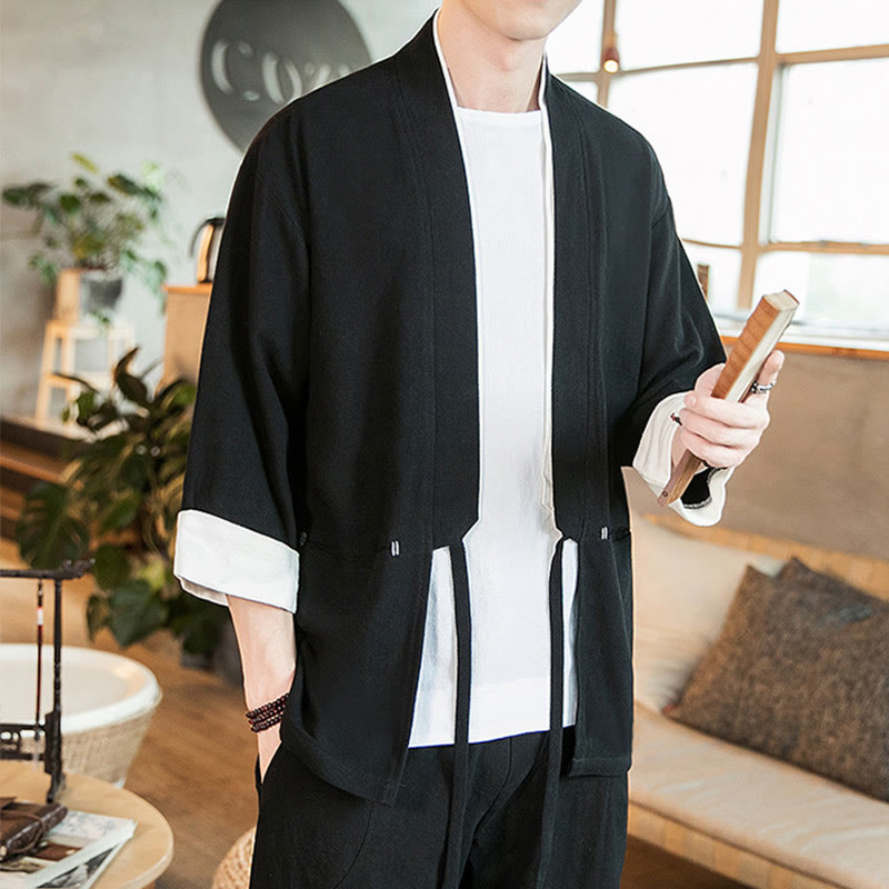 Buddha Stonesレースアップデザインジャケット コットンリネン メンズ 七分袖 着物 ポケット付き - image 14