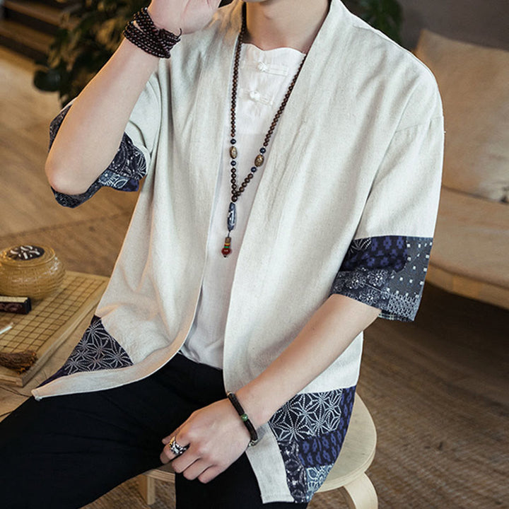 Buddha Stonesエスニックプリントパッチワーク半袖オープンフロントジャケットコットンリネンメンズ着物 - image 16