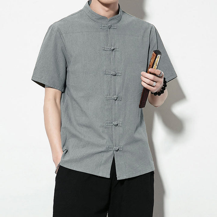 Buddha Stonesカジュアル無地フロントフロッグボタン中国唐装半袖リネンメンズシャツ - image 35
