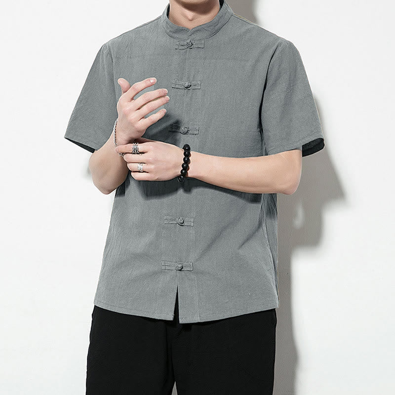 Buddha Stonesカジュアル無地フロントフロッグボタン中国唐装半袖リネンメンズシャツ - image 34