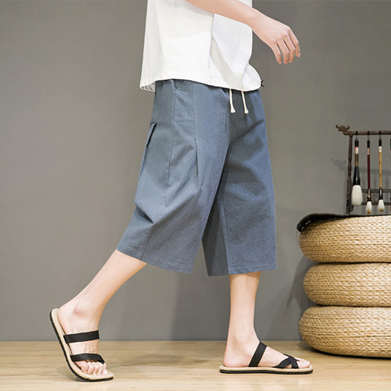 Buddha Stonesカジュアル サマー ドローストリング 無地 クロップド丈 コットンリネン メンズ ハーレムパンツ ポケット付き - image 5