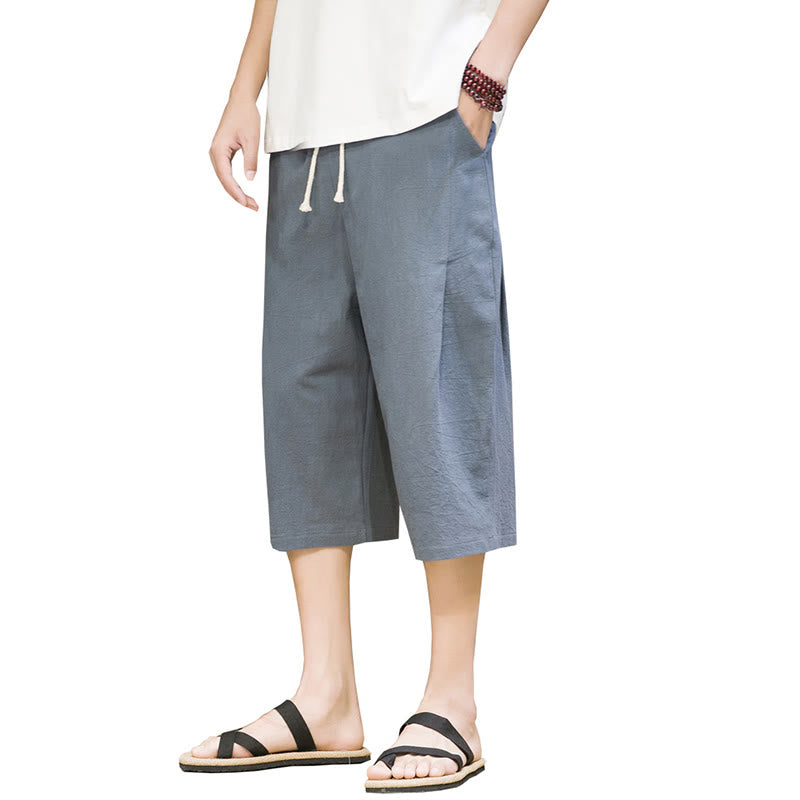 Buddha Stonesカジュアル サマー ドローストリング 無地 クロップド丈 コットンリネン メンズ ハーレムパンツ ポケット付き - image 9