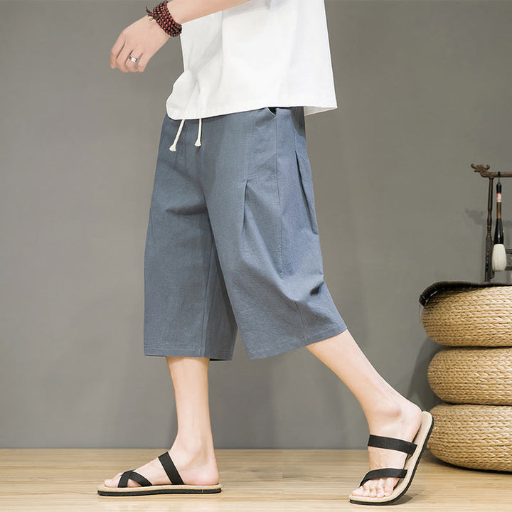 Buddha Stonesカジュアル サマー ドローストリング 無地 クロップド丈 コットンリネン メンズ ハーレムパンツ ポケット付き - image 7