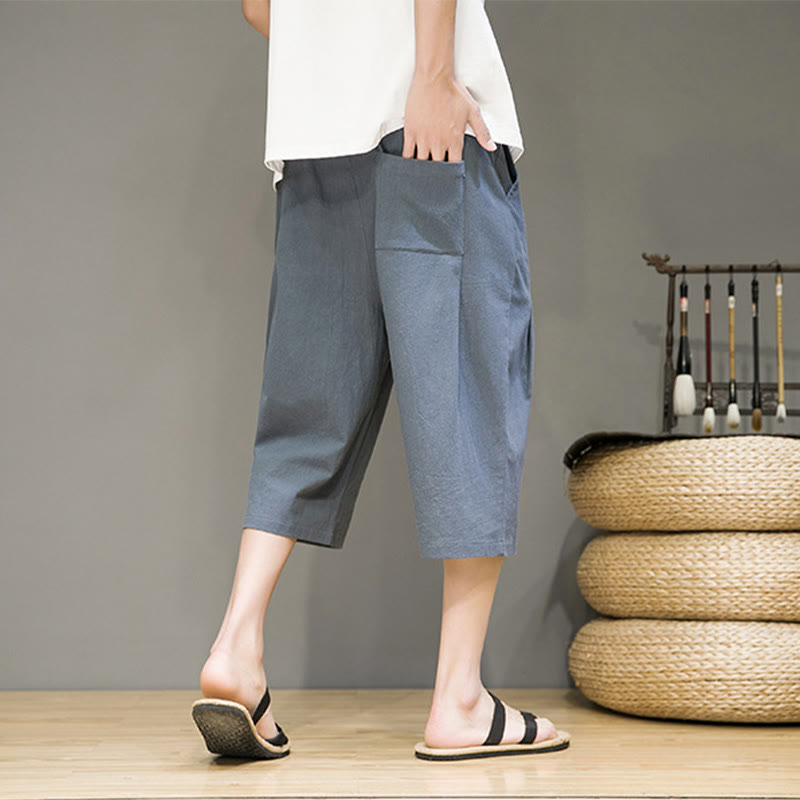 Buddha Stonesカジュアル サマー ドローストリング 無地 クロップド丈 コットンリネン メンズ ハーレムパンツ ポケット付き - image 3