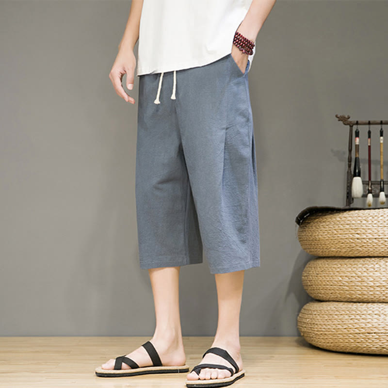 Buddha Stonesカジュアル サマー ドローストリング 無地 クロップド丈 コットンリネン メンズ ハーレムパンツ ポケット付き - image 4