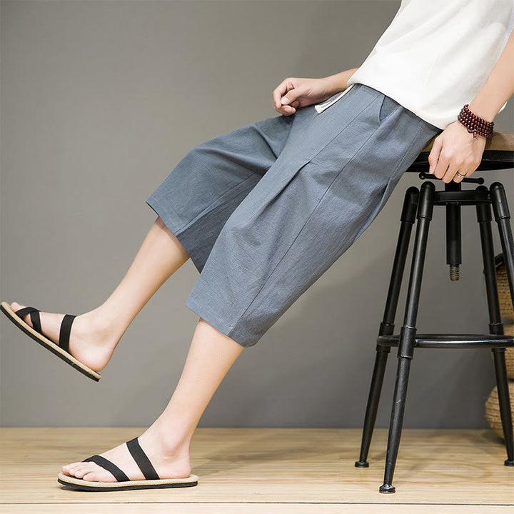 Buddha Stonesカジュアル サマー ドローストリング 無地 クロップド丈 コットンリネン メンズ ハーレムパンツ ポケット付き - image 2