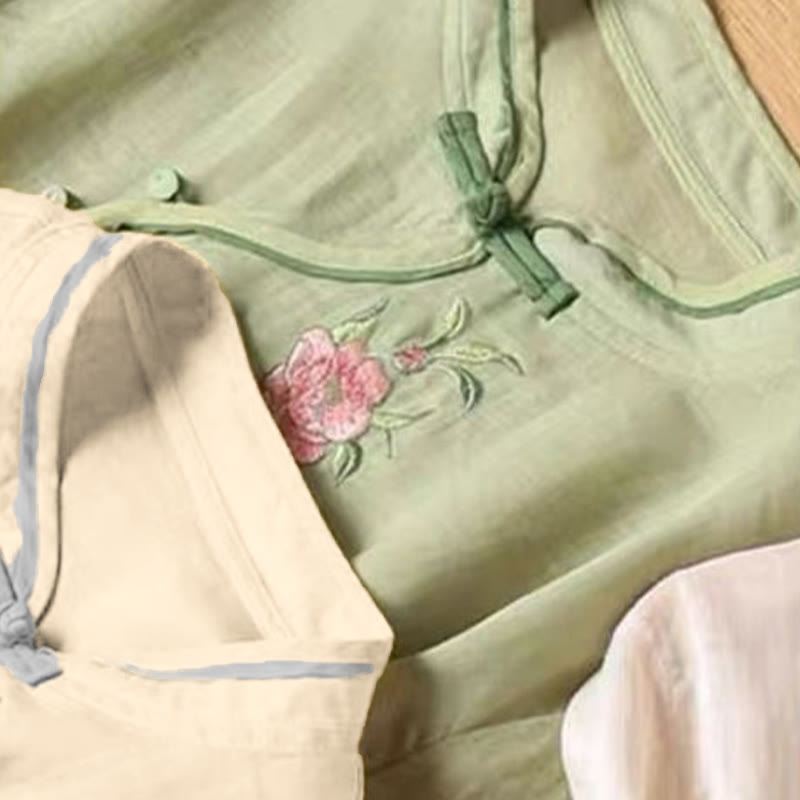 Buddha Stonesカジュアルヴィンテージ刺繍花柄中国風フロッグボタンクルーネックデザインレディースコットンリネンシャツ - image 12