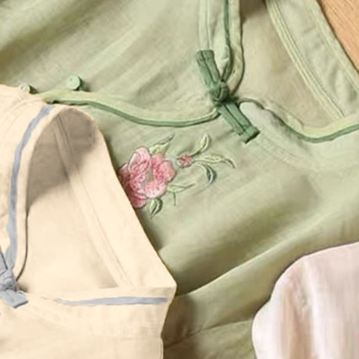 Buddha Stonesカジュアルヴィンテージ刺繍花柄中国風フロッグボタンクルーネックデザインレディースコットンリネンシャツ - image 12