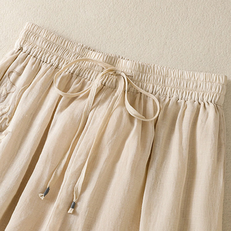 Buddha Stones通勤用刺繍ドローストリングレディースコットンワイドレッグパンツ（ポケット付き） - image 9