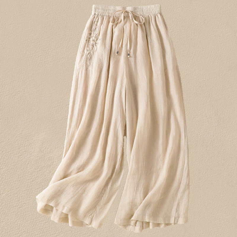 Buddha Stones通勤用刺繍ドローストリングレディースコットンワイドレッグパンツ（ポケット付き） - ベージュ - US8-10，UK/AU12-14，EU40-42 (2XL) - image 7