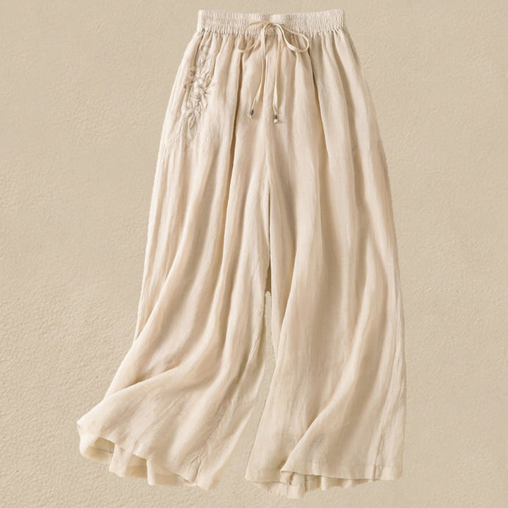 Buddha Stones通勤用刺繍ドローストリングレディースコットンワイドレッグパンツ（ポケット付き） - ベージュ - US8-10，UK/AU12-14，EU40-42 (2XL) - image 7