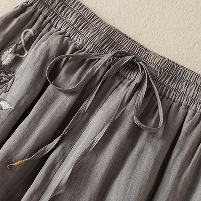 Buddha Stones通勤用刺繍ドローストリングレディースコットンワイドレッグパンツ（ポケット付き） - image 44