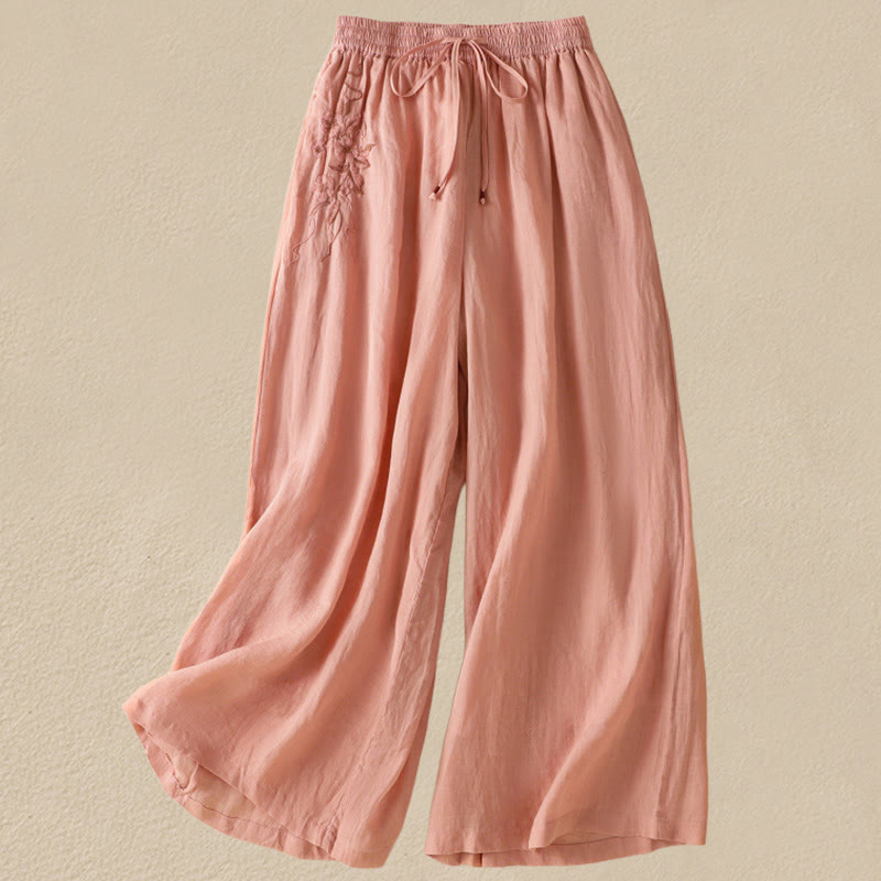 Buddha Stones通勤用刺繍ドローストリングレディースコットンワイドレッグパンツ（ポケット付き） - コーラル - US8-10，UK/AU12-14，EU40-42 (2XL) - image 17