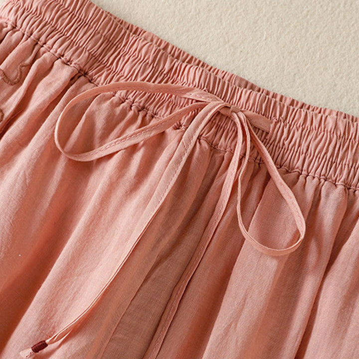 Buddha Stones通勤用刺繍ドローストリングレディースコットンワイドレッグパンツ（ポケット付き） - image 21