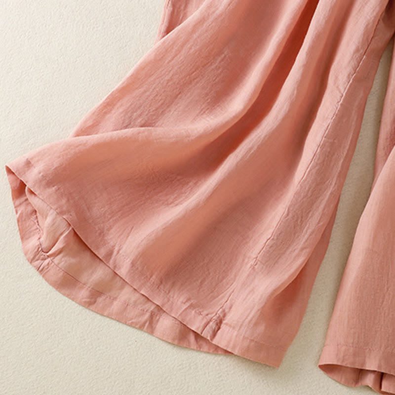 Buddha Stones通勤用刺繍ドローストリングレディースコットンワイドレッグパンツ（ポケット付き） - image 24