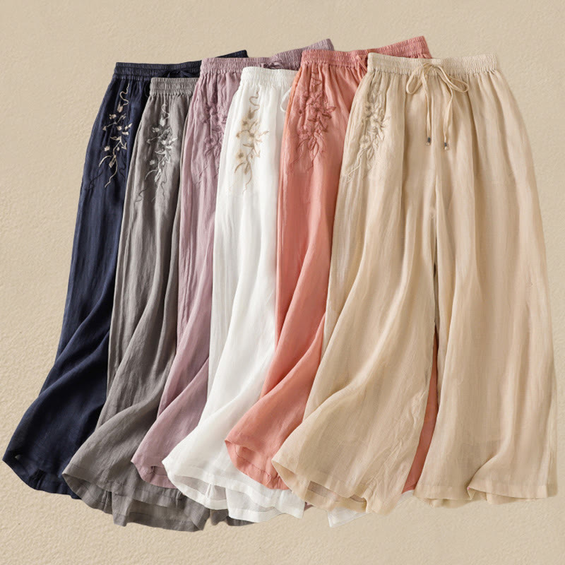 Buddha Stones通勤用刺繍ドローストリングレディースコットンワイドレッグパンツ（ポケット付き） - image 49