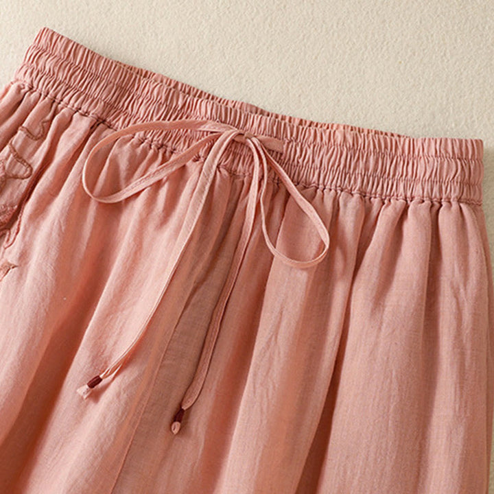 Buddha Stones通勤用刺繍ドローストリングレディースコットンワイドレッグパンツ（ポケット付き） - image 19