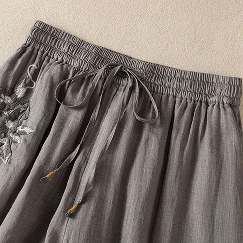 Buddha Stones通勤用刺繍ドローストリングレディースコットンワイドレッグパンツ（ポケット付き） - image 45