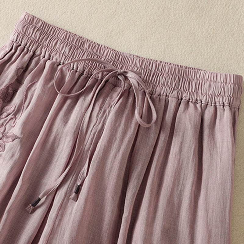 Buddha Stones通勤用刺繍ドローストリングレディースコットンワイドレッグパンツ（ポケット付き） - image 36