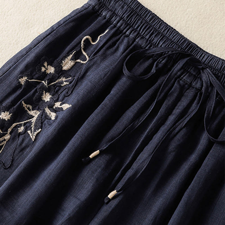 Buddha Stones通勤用刺繍ドローストリングレディースコットンワイドレッグパンツ（ポケット付き） - image 4