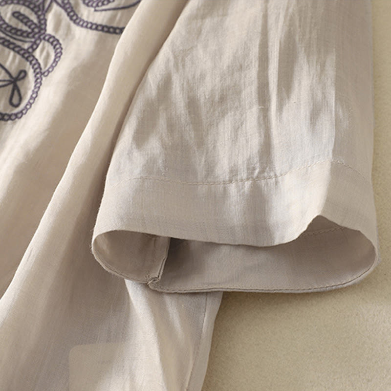 Buddha Stones刺繍入りVネックカジュアルレディース半袖Tシャツ - image 5
