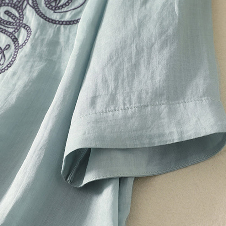 Buddha Stones刺繍入りVネックカジュアルレディース半袖Tシャツ - image 11