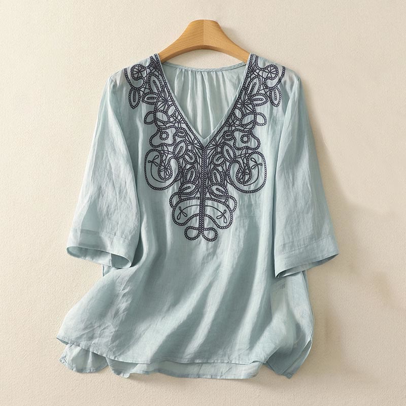 Buddha Stones刺繍入りVネックカジュアルレディース半袖Tシャツ - ペールターコイズ - US14、 UK/AU18、 EU46 (2XL) - image 6