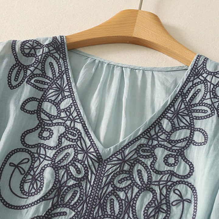 Buddha Stones刺繍入りVネックカジュアルレディース半袖Tシャツ - image 8