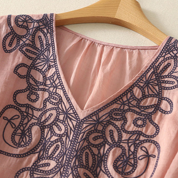 Buddha Stones刺繍入りVネックカジュアルレディース半袖Tシャツ - image 14