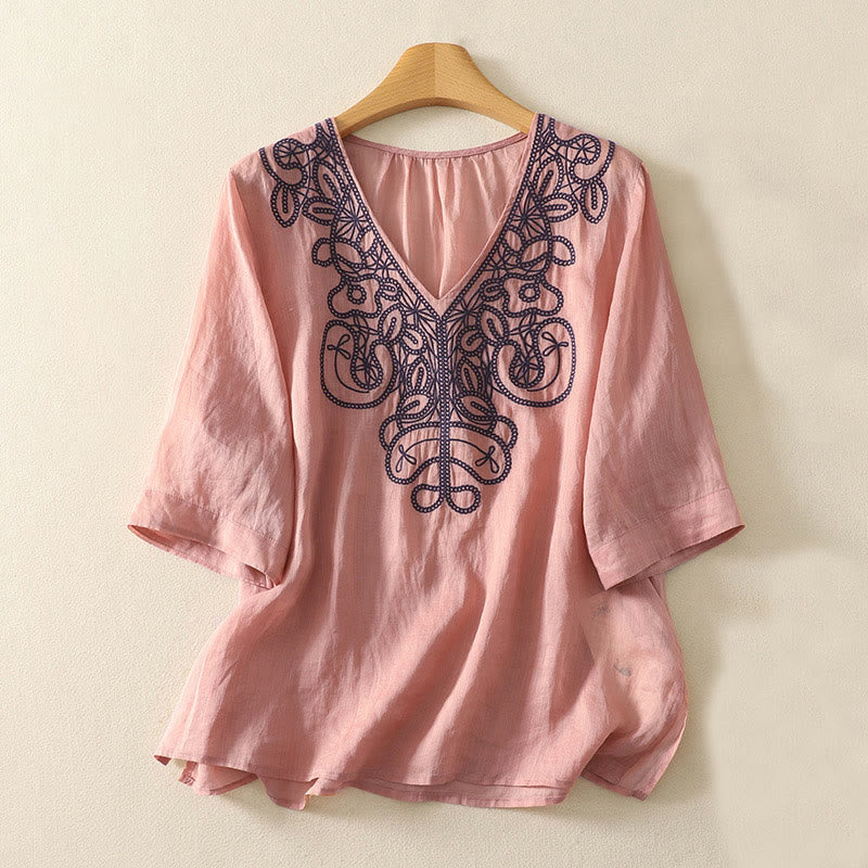 Buddha Stones刺繍入りVネックカジュアルレディース半袖Tシャツ - ライトコーラル - US14、 UK/AU18、 EU46 (2XL) - image 12