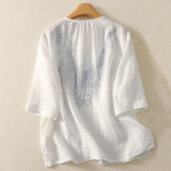 Buddha Stones刺繍入りVネックカジュアルレディース半袖Tシャツ - image 20