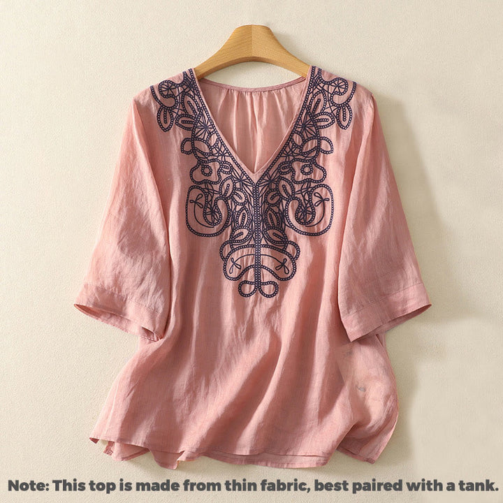 Buddha Stones刺繍入りVネックカジュアルレディースコットンリネン半袖Tシャツ - image 14