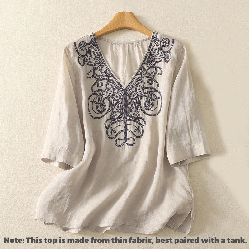 Buddha Stones刺繍入りVネックカジュアルレディース半袖Tシャツ - image 1
