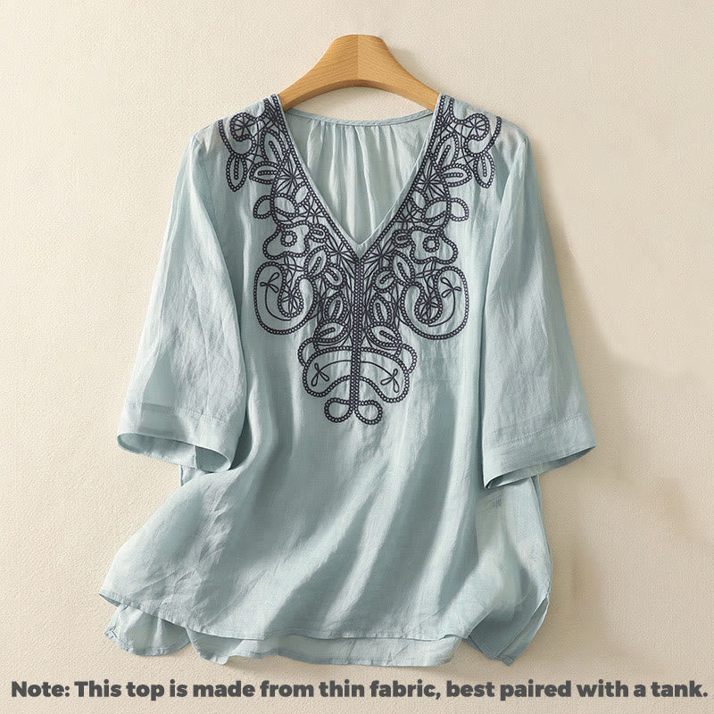 Buddha Stones刺繍入りVネックカジュアルレディースコットンリネン半袖Tシャツ - image 8