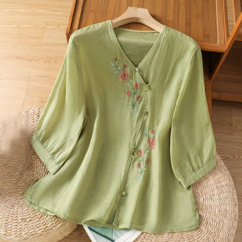 Buddha Stones刺繍の花柄レディースVネックシャツ - 黄緑 - US12、 UK/AU16、 EU44 (2XL) - image 7